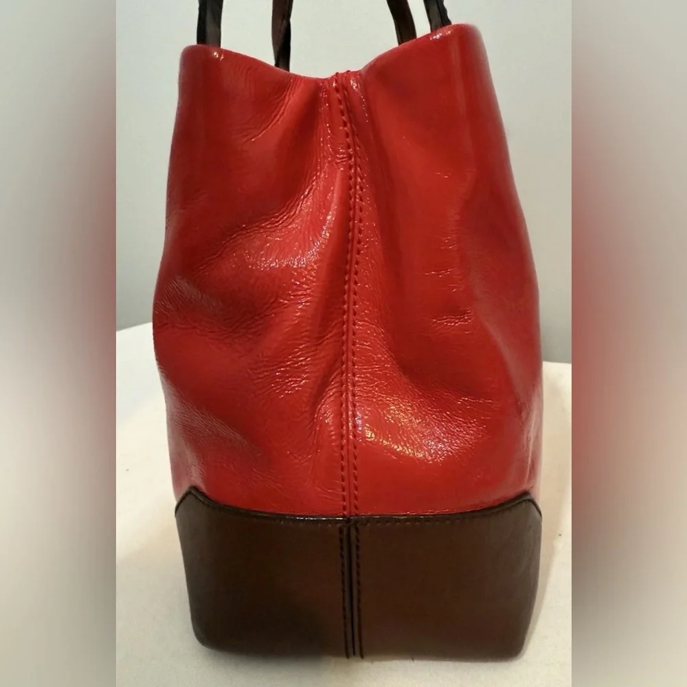 Kate Spade Patent Leather Cherry Red Tote Bag Brown Handles & Trim